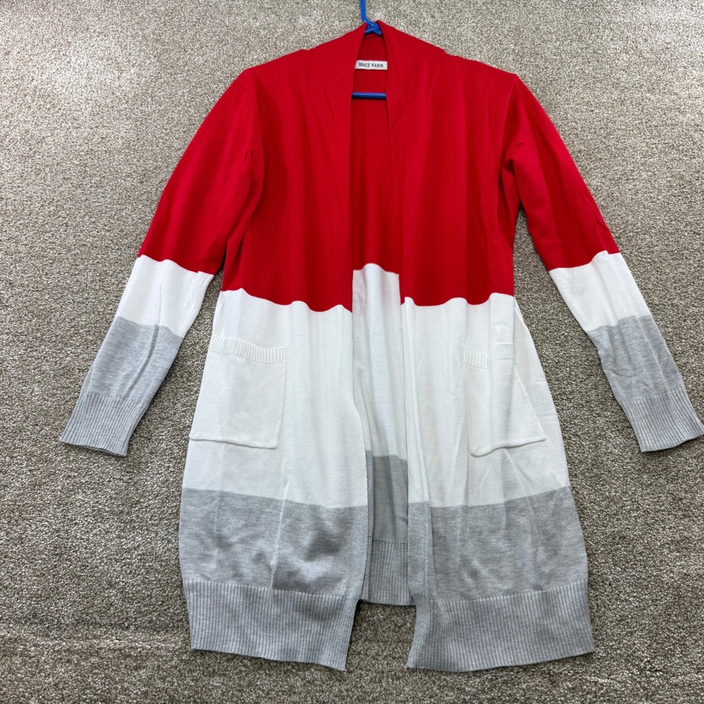 Grace Karin Womens Medium Red White Grey Color Block Cardigan Sweater Fall Work